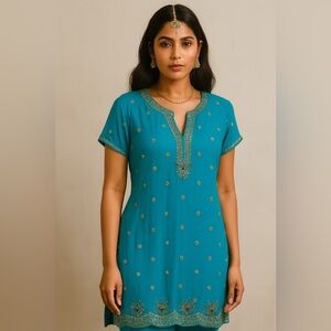 Vintage turquoise Beaded Tunic Top Shirt Blouse long short Sleeve Womens Large L